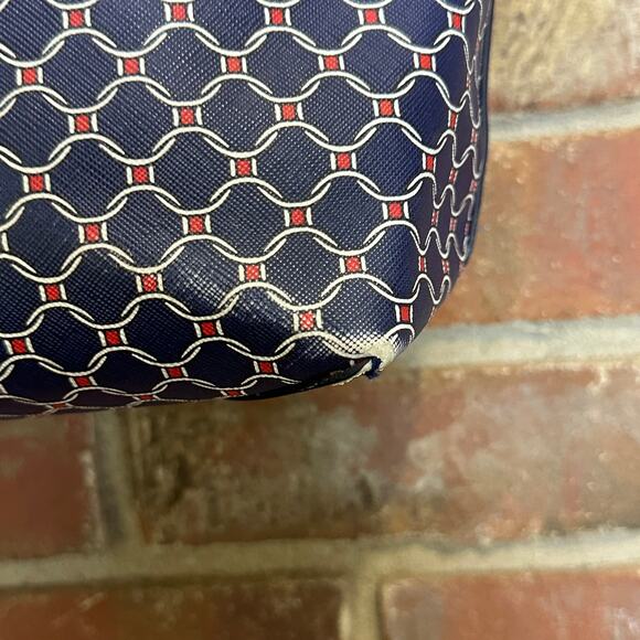 Talbots Printed Saffiano Tote Bag Blue White Red Weave - Picture 7 of 15